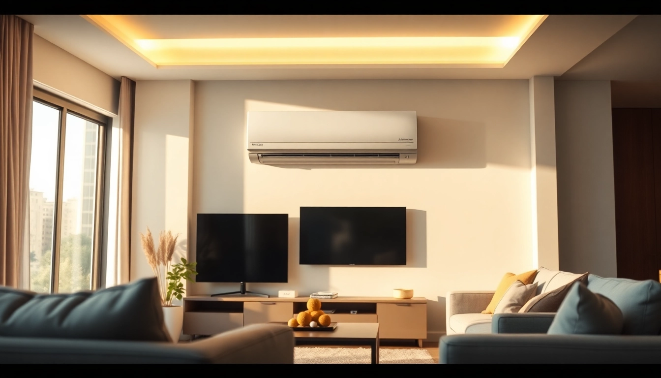 Mitsubishi mini split AC unit elegantly mounted in a bright, modern living room.