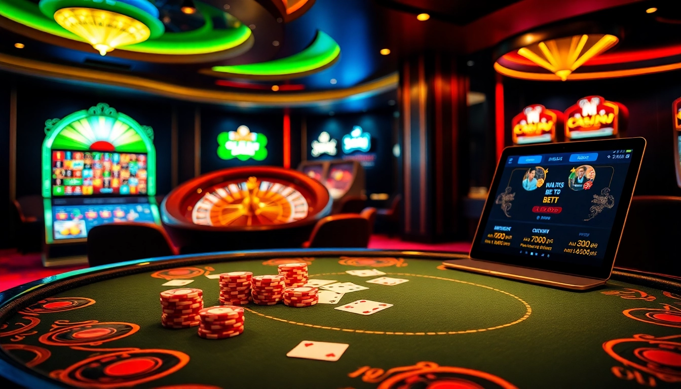 Vivez un gameplay exaltant dans un casino en ligne dynamique avec des tables de poker et des machines à sous lumineuses.