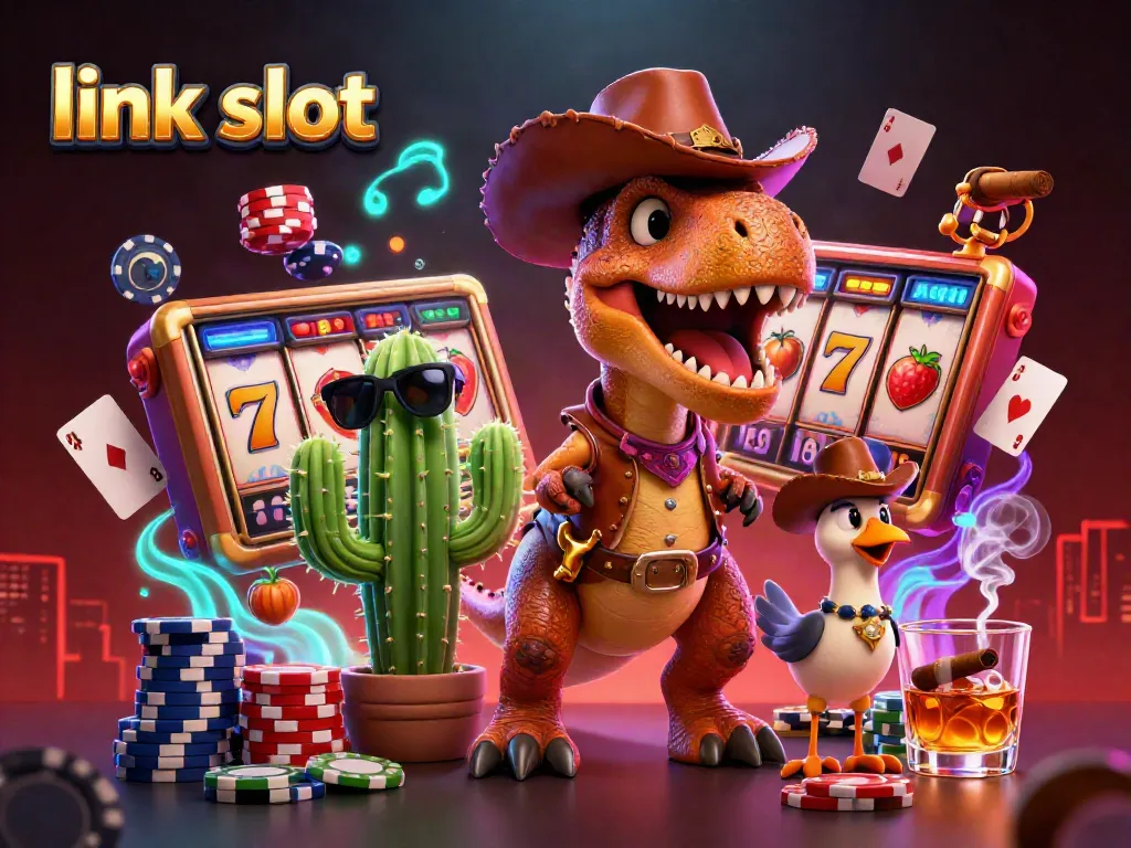 Menggali keseruan permainan link slot dengan dinosaur koboi, simbol slot, dan suasana kasino.