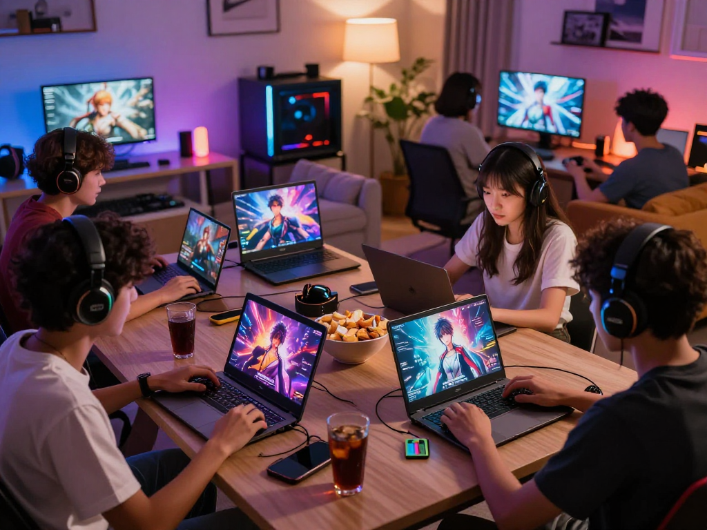 Gamers enjoying a hentai game on multiple devices in a vibrant setting.