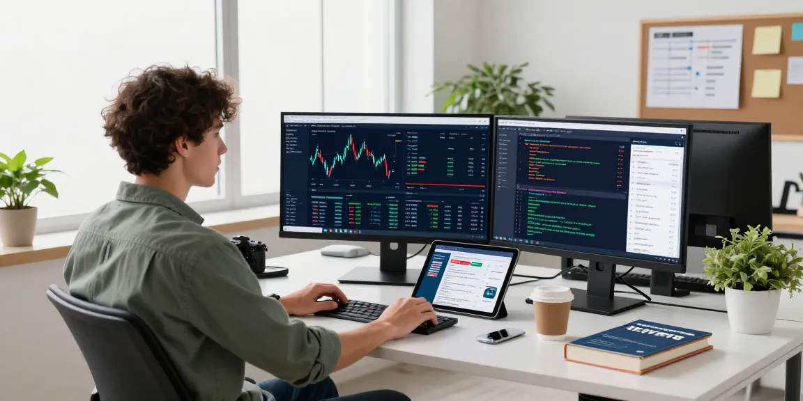 Developer utilizing a fintech data integration service at a modern workspace, analyzing real-time financial data on multiple screens.