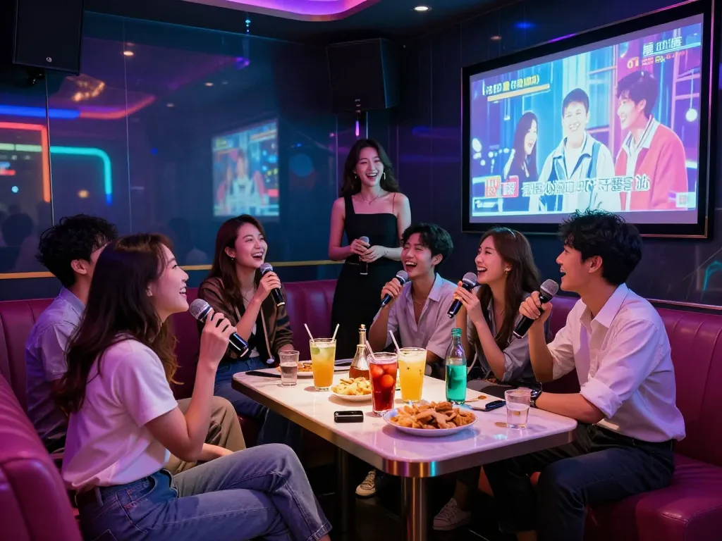 활기찬 분위기 속에서 친구들과 음료를 즐기며 웃고 있는 3no.org/bupyeong 노래방의 신나는 야경 경험.