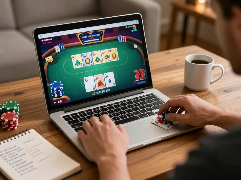 Engaging online poker gameplay showcasing slot gacor strategy in a cozy home setting