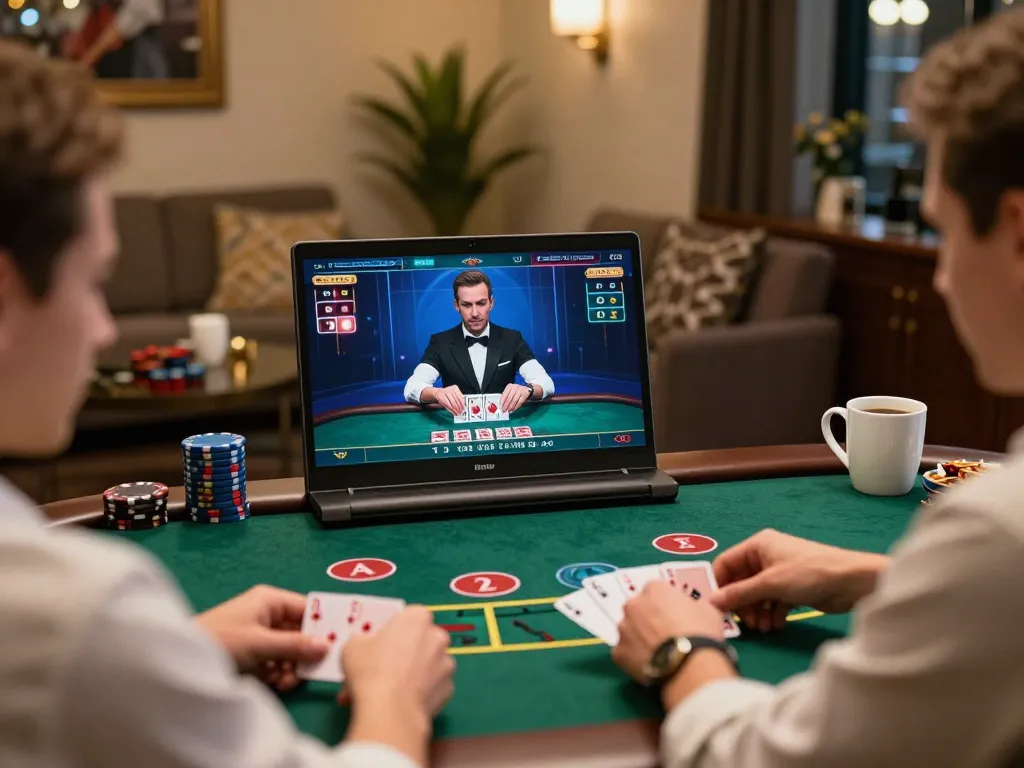 Engaged players enjoying king33 online live dealer blackjack game in a cozy home setup.
