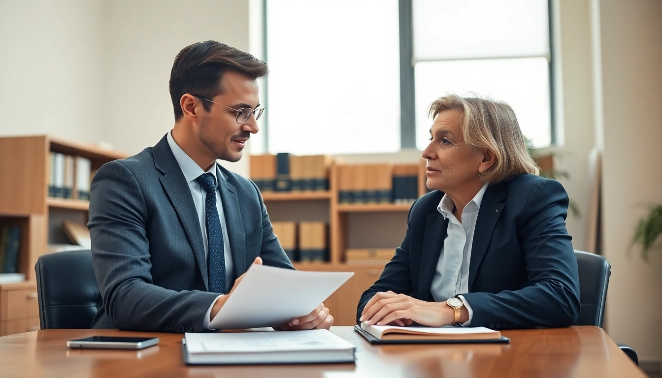 Engaging New York City Injury Lawyer consulting client in a professional office setting.