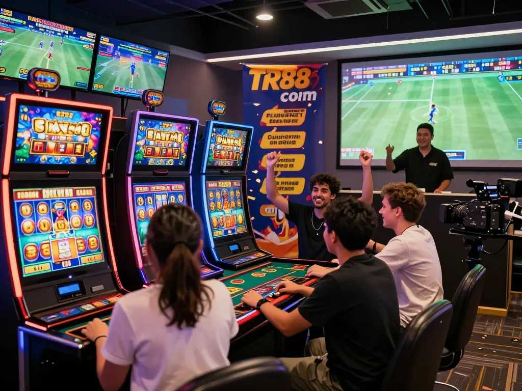 Players enjoying diverse gaming experiences at TR88 com casino, vibrant atmosphere with slot machines and live betting.