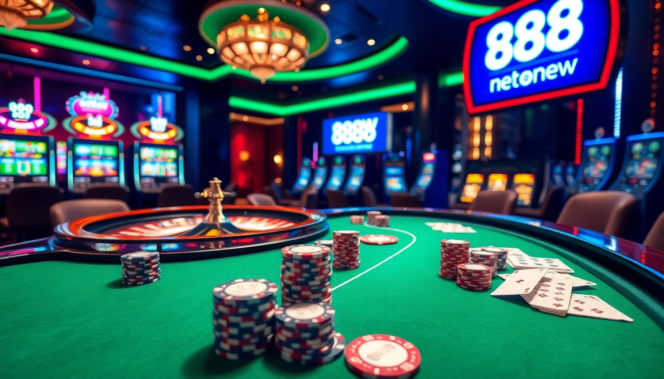 Play at 888new with vibrant casino scenes showcasing high-stakes poker and exciting slot machines.