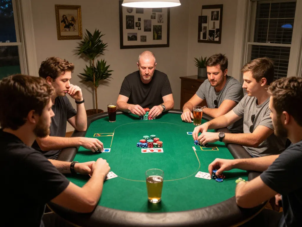 SC88 Vip home poker game highlights competitive spirit with friends enjoying Texas Hold'em.