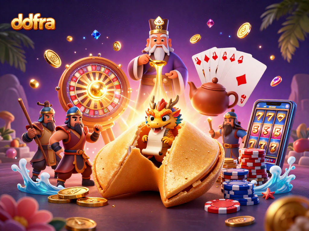 Experience the thrill at ddfra with golden fortune cookie and dragon in an exciting casino scene.