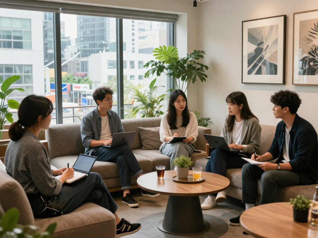 강남쩜오 멀리건의 아늑한 미팅 공간에서 다양한 직장인들이 대화를 나누는 모습