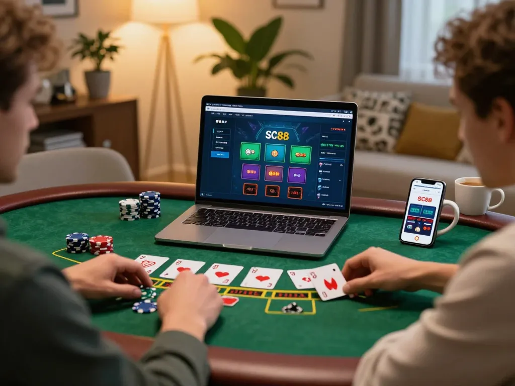 Player enjoying SC88 online blackjack at home with cards and chips on the table.