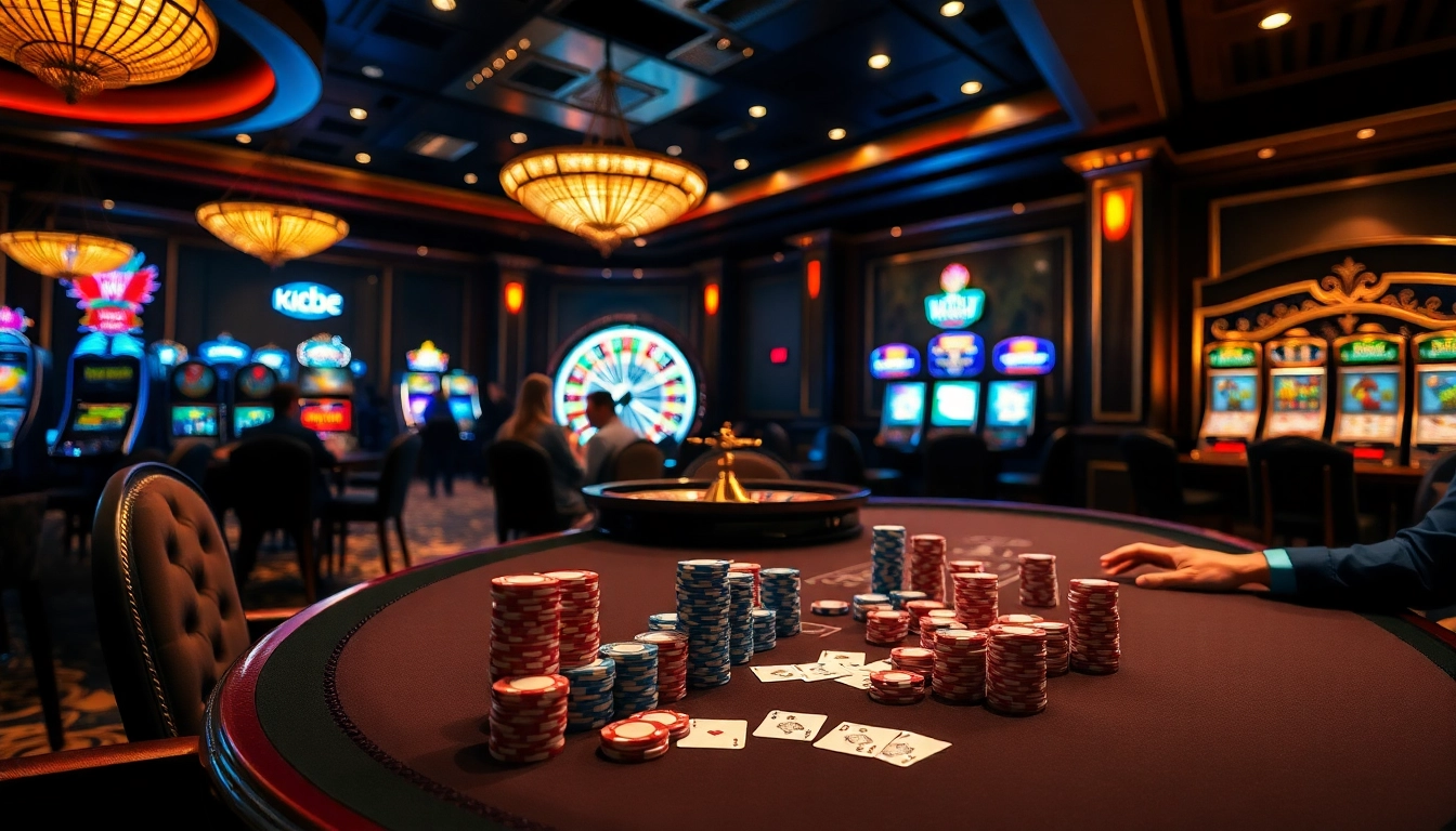 Experience thrilling high-stakes gaming at kp88 casino with players and poker chips.