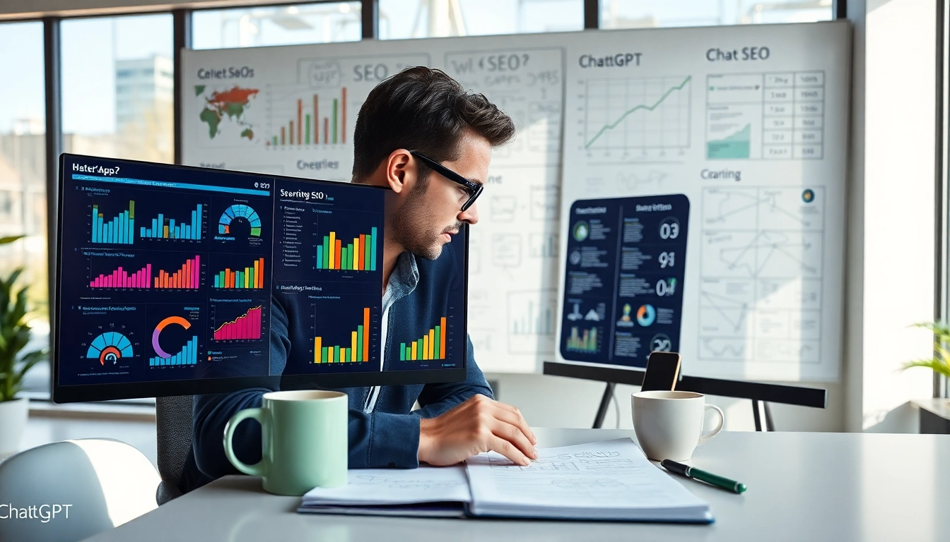 Analyze seo for chatgpt data with a strategy expert in a modern office environment.