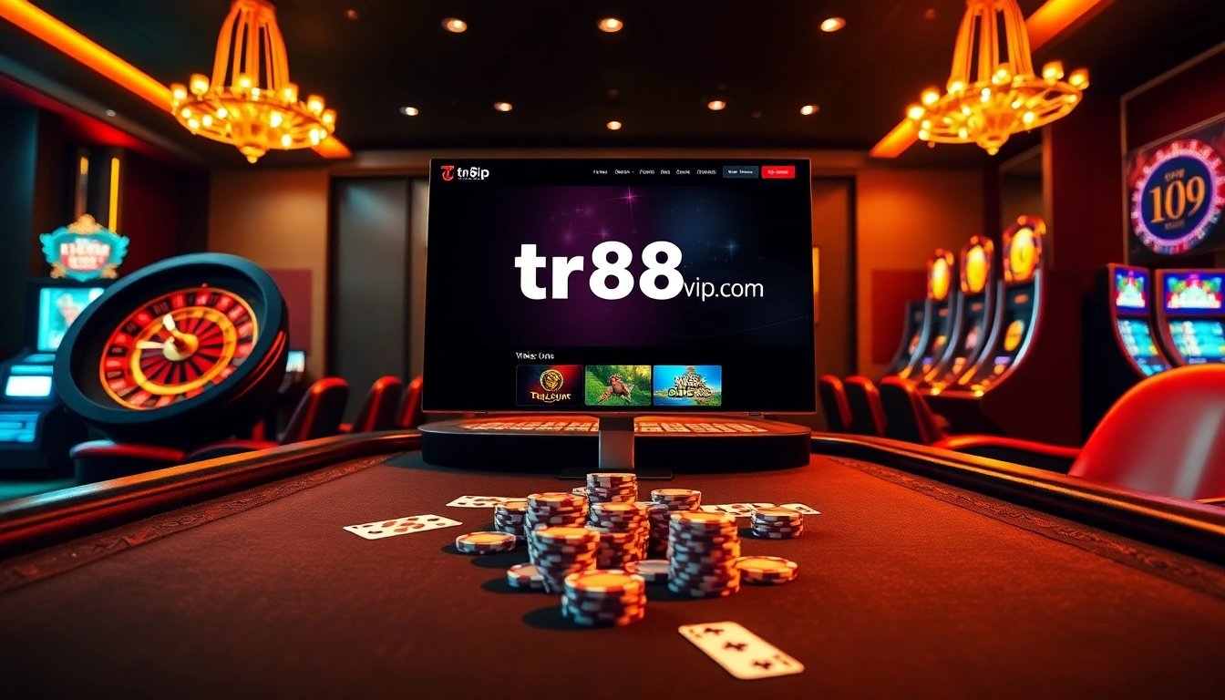 Exciting casino action at tr88vip.co.com with poker chips, cards, and a roulette wheel.