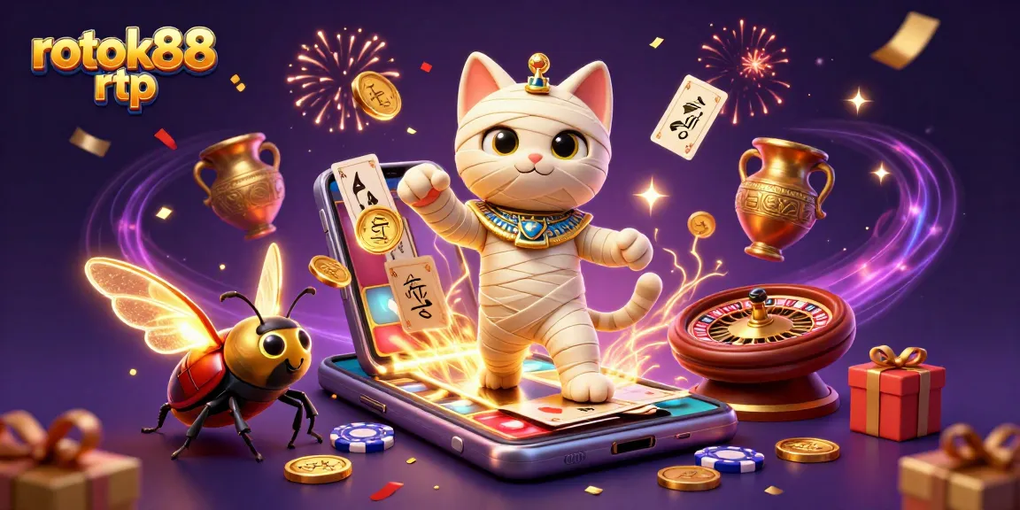 Experience the excitement with rokok88 rtp as the mummy cat celebrates casino wins with vibrant symbols.