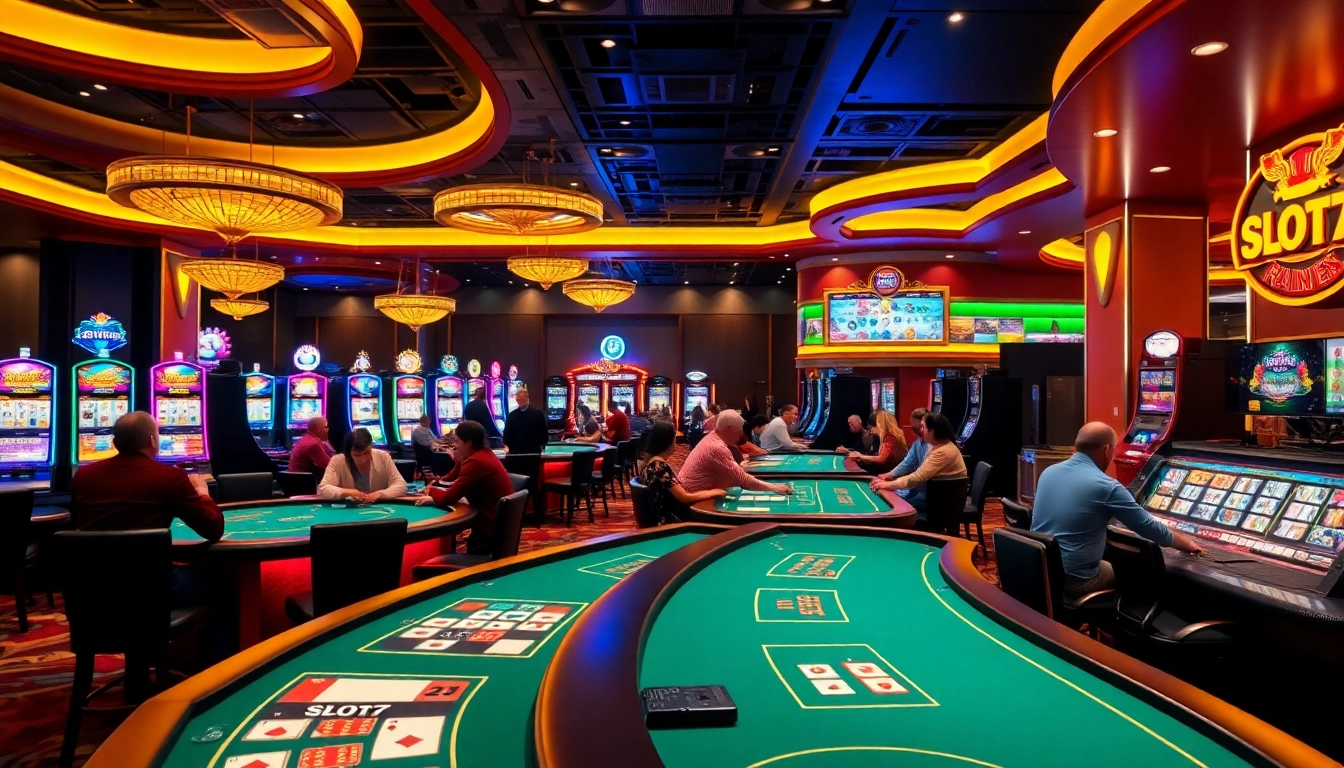 Slot77 dalam suasana kasino yang ramai dan hidup dengan pemain yang terlibat.