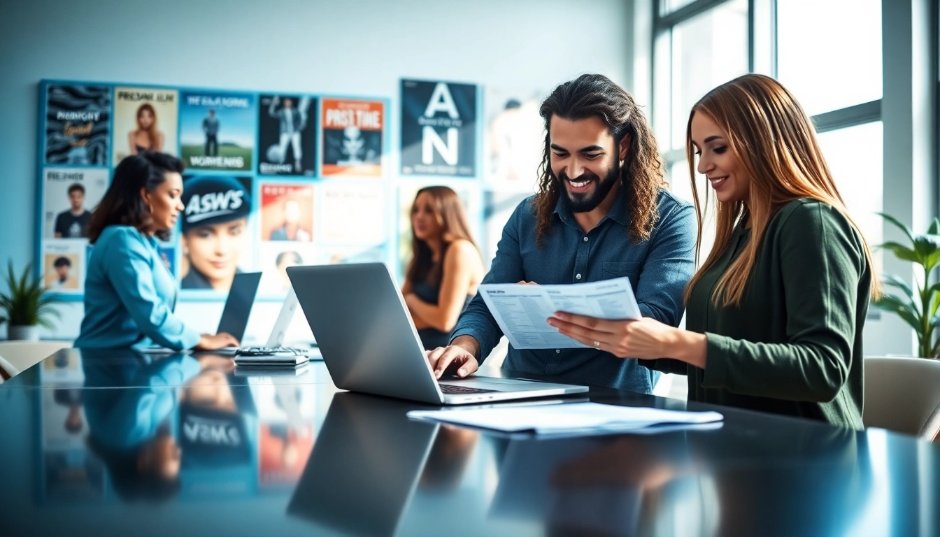 Showcase a vibrant workspace of a music pr company with team collaboration.
