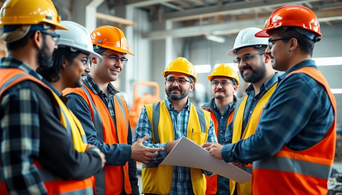 Construction safety training session featuring diverse workers in safety gear.