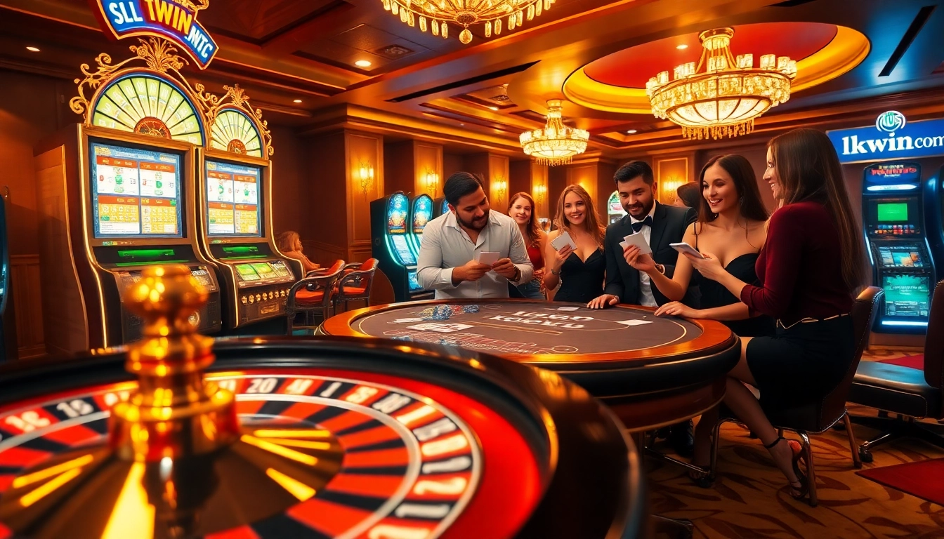 Experience excitement with kkwin.com at a vibrant casino scene with roulette and blackjack tables.