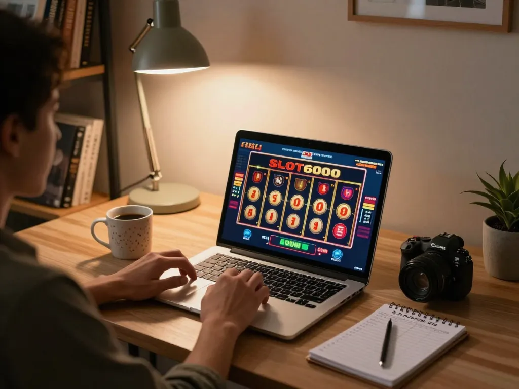 SLOT6000 online gaming session with a laptop setup and vibrant reels displayed