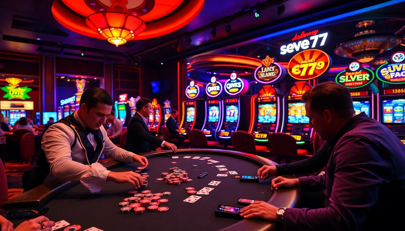 Watch players exhilarated as they engage with seven77 on a vibrant casino poker table.
