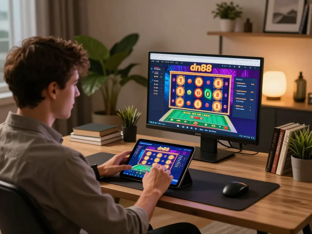 Engaging with dn88 online casino games in a stylish home office setting