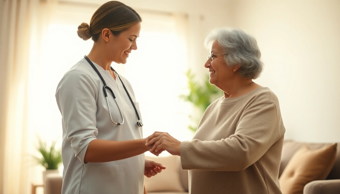Engaging at home health care scene depicting a caregiver supporting an elderly client.