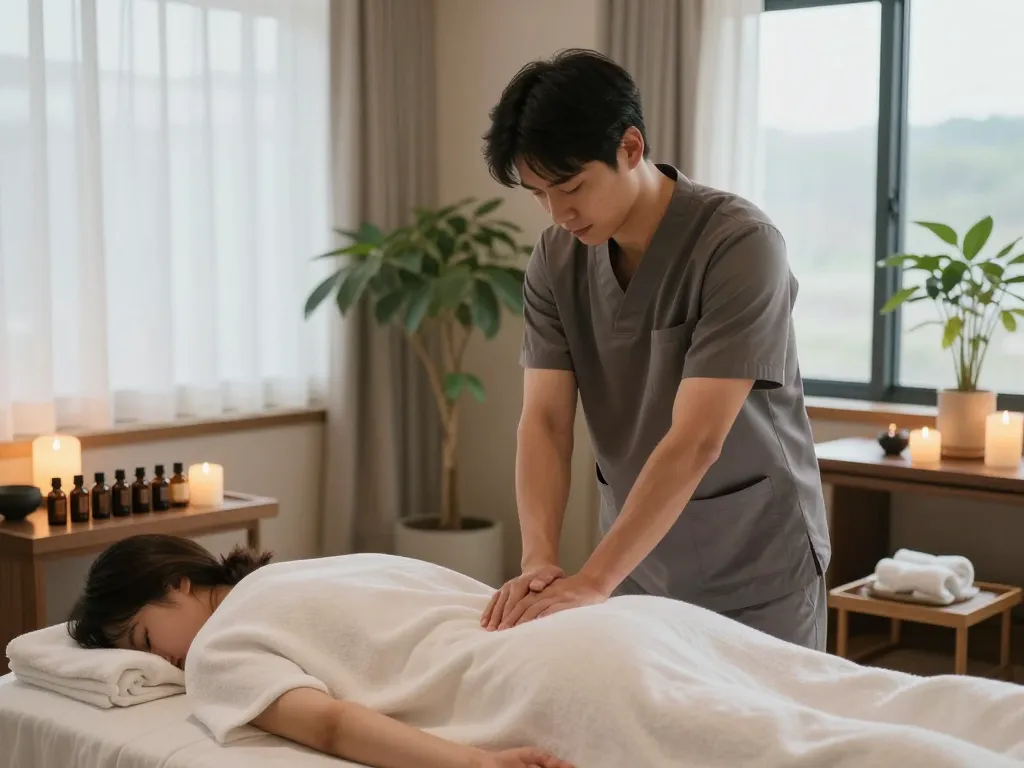 편안한 분위기와 진정 요소가 있는 포항스웨디시 마사지 치료 장면.
