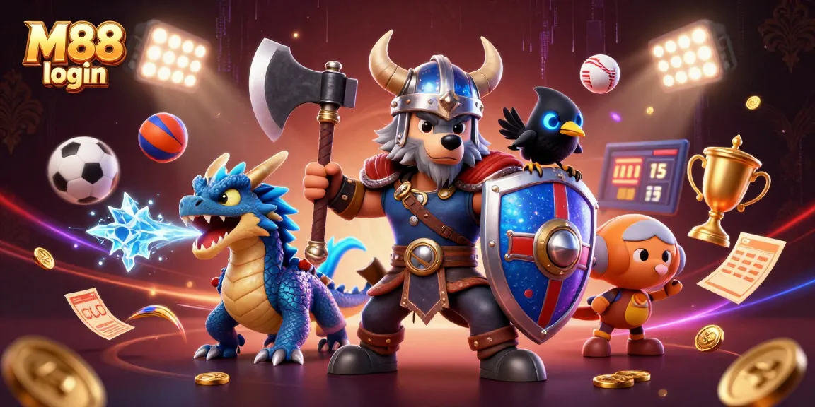 M88 login to access thrilling gaming experiences with a Viking warrior and dragon illustrations.