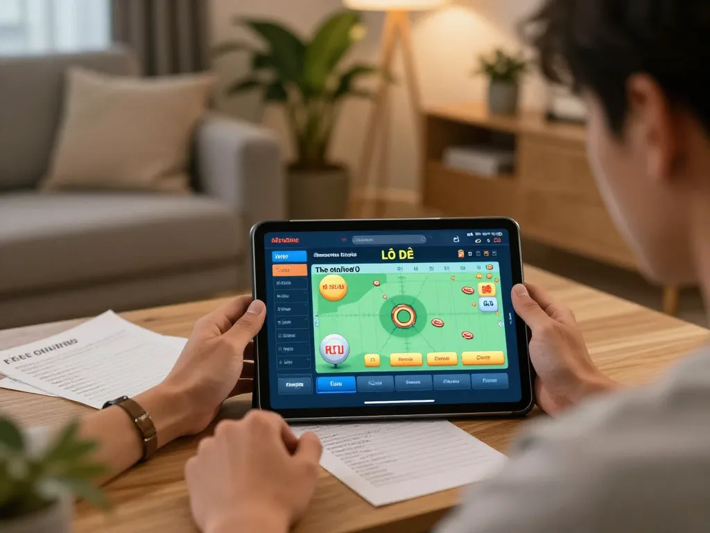Lô đề online player studying strategies while playing on tablet in cozy living room.