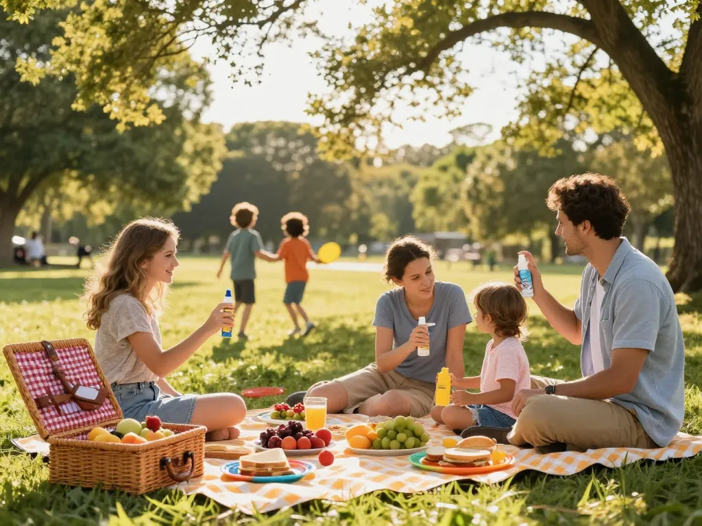 Family applying Best Mosquito Repellent during outdoor picnic in a sunny park.