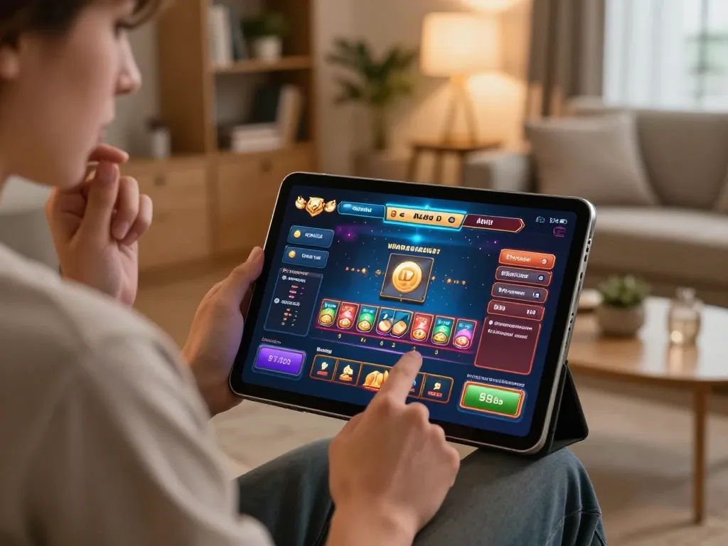 Player reviewing betting options at a tablet showing TOP nhà cái uy tín in a cozy setting