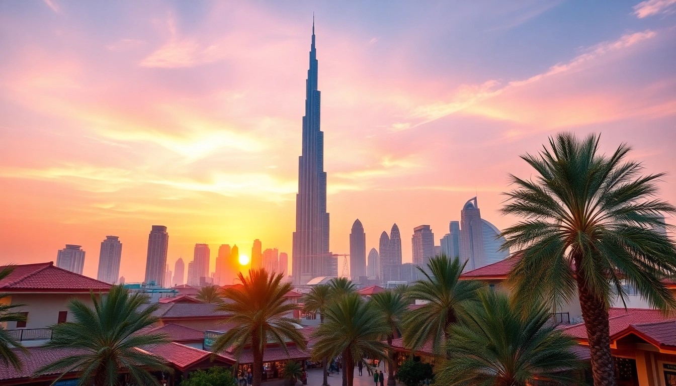 Vibrant skyline of Dubai showcasing iconic structures and sunset, highlighting things to do in Dubai.