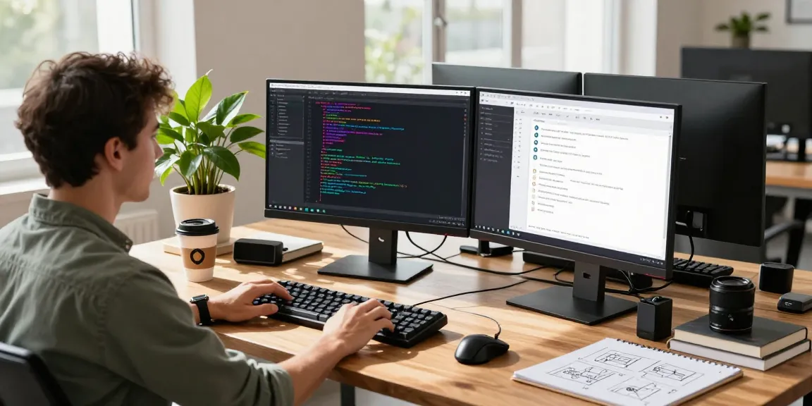 Developer working on 纸飞机下载 in a modern workspace with a dual monitor setup.