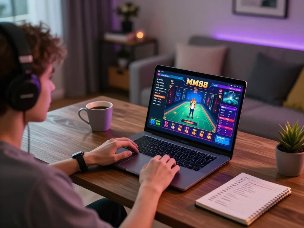 Experience online gambling at MM88, featuring a player engaging with their computer in a cozy home setting.