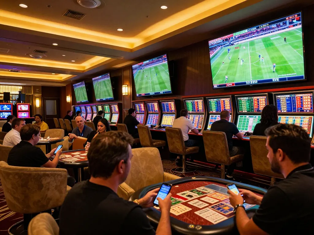 Active sports betting scene at cakhiatv, with bettors analyzing odds during live matches