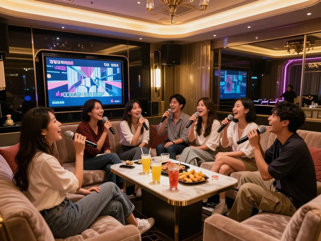 강남퍼펙트 노래방에서 친구들과 함께 즐기는 활기찬 밤의 분위기를 경험하세요.