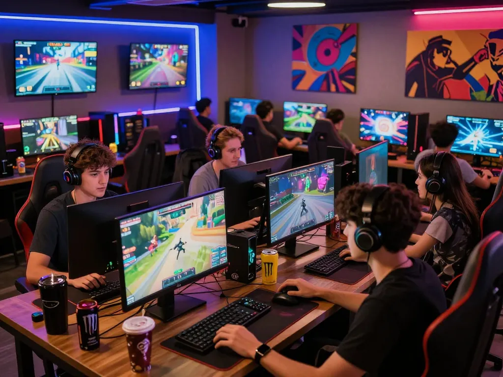 Dynamic gaming scene with friends enjoying autowin88 experience in modern lounge.