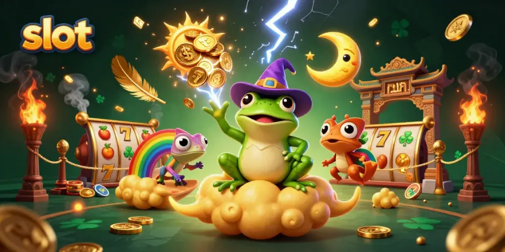 Experience the thrill of slot gaming through a vibrant, animated scene with magical elements.