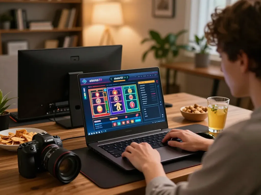 Engaged player exploring the exciting offerings of alexis77 online gaming interface from a cozy home setup