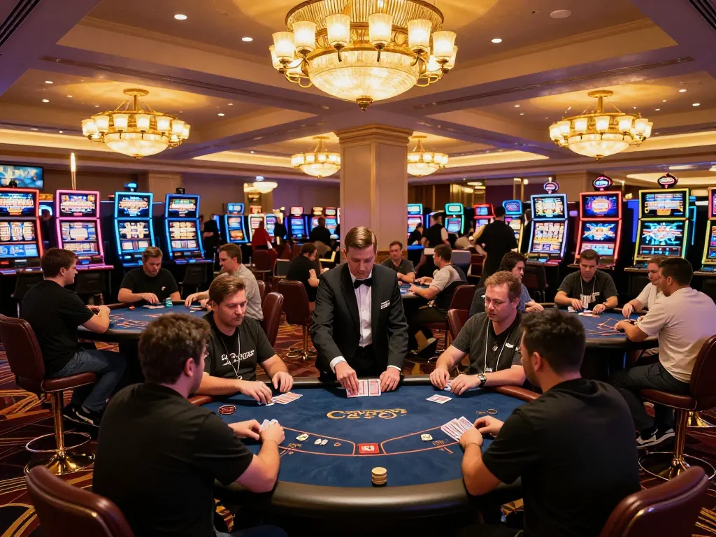 Players at the casino floor strategically evaluating their poker hands with intensity and excitement near 33CC gaming tables.