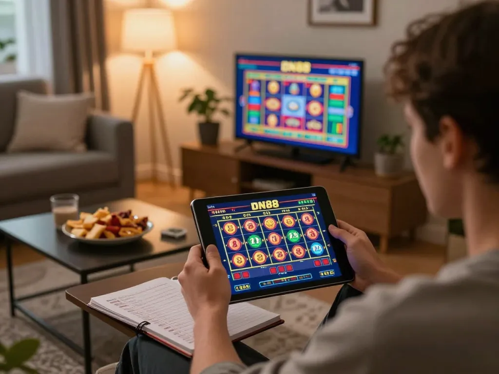 Player engaging with DN88 on a tablet in a cozy living room, showcasing vibrant online gambling experience.