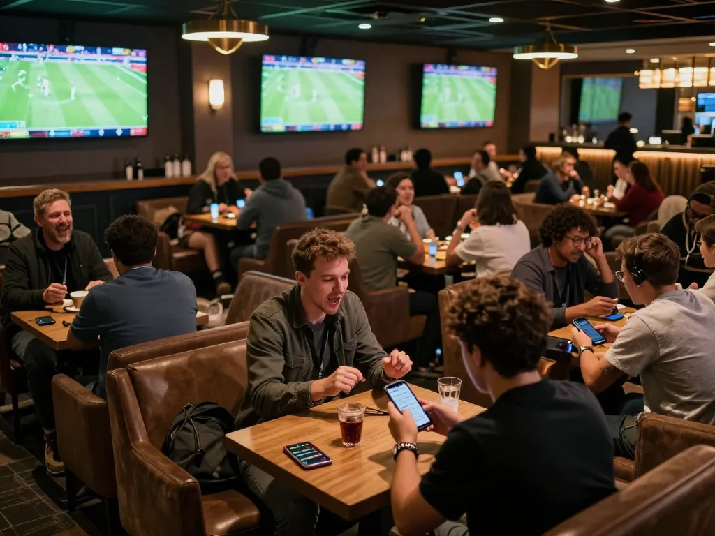 Xoilac sports betting lounge with fans cheering and using smartphones for live football betting.