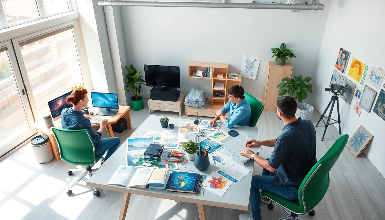 Animationsstudio designers collaborating in a vibrant and modern creative space.