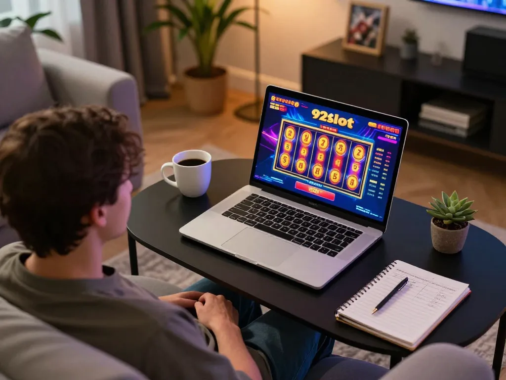Person enjoying online casino gaming at home on 92slot, with colorful slot reels visible on the laptop screen.