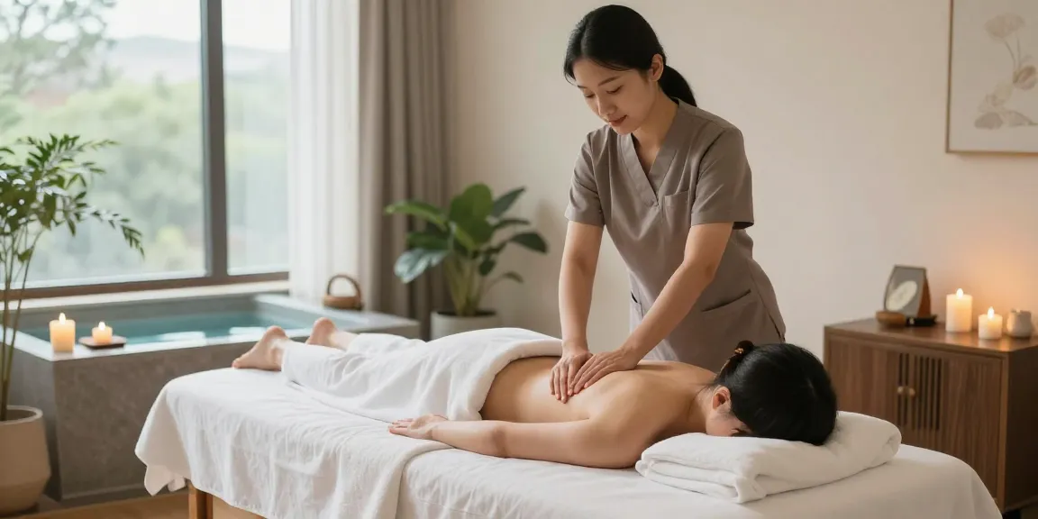 1인샵에서 마사지 받고 있는 고객과 치료사, 아늑한 분위기 조성