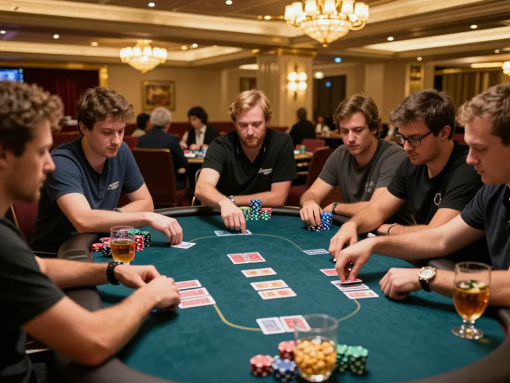 Engaging poker action at an upscale casino featuring players focused on their cards and chips, highlighting 5699 gaming excitement.