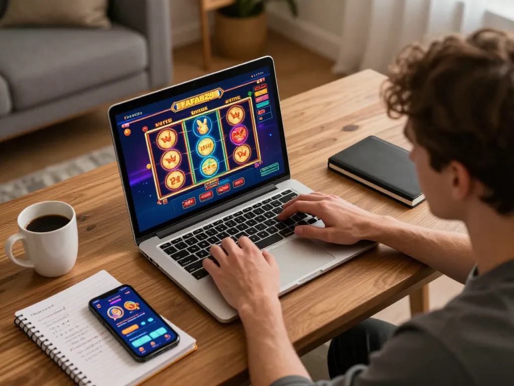 Engaging in FAFA828's online slots at home, showcasing a player's gaming strategy and focus.