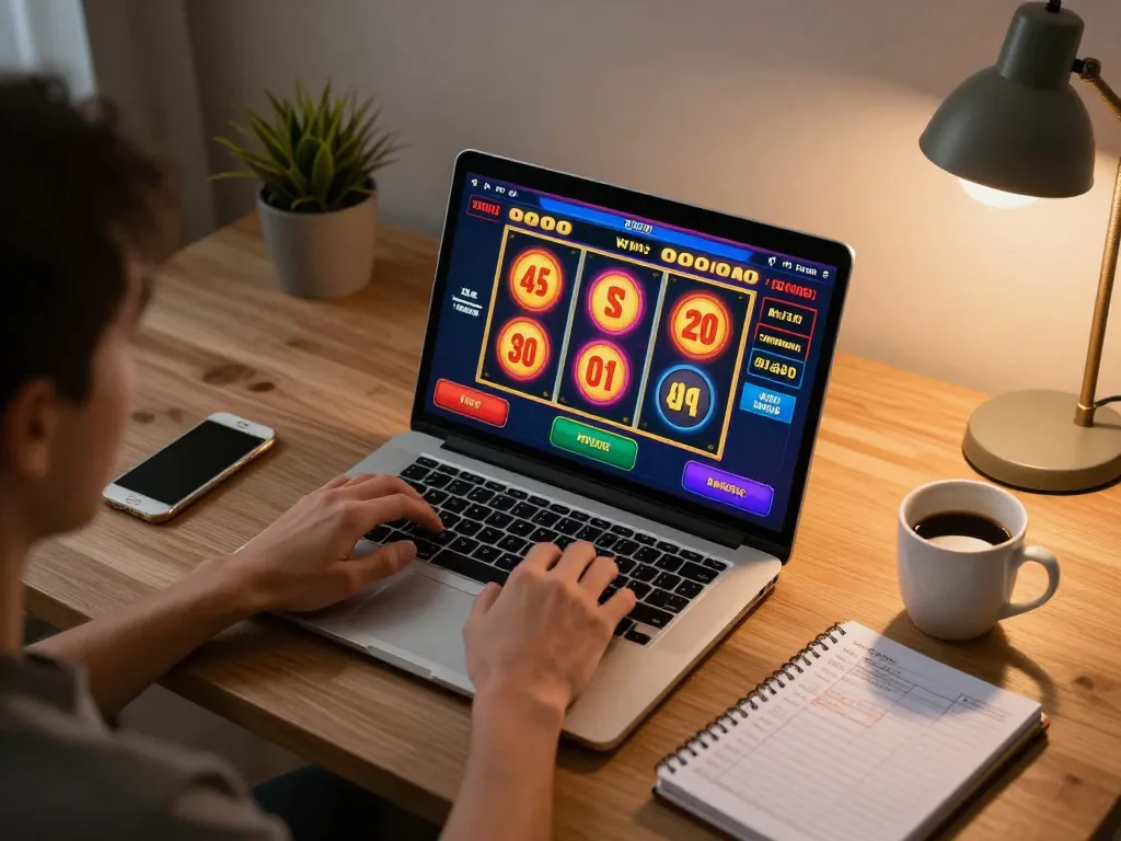 Engaged player enjoying slot6000 on a laptop, displaying vibrant game interface and strategic notes