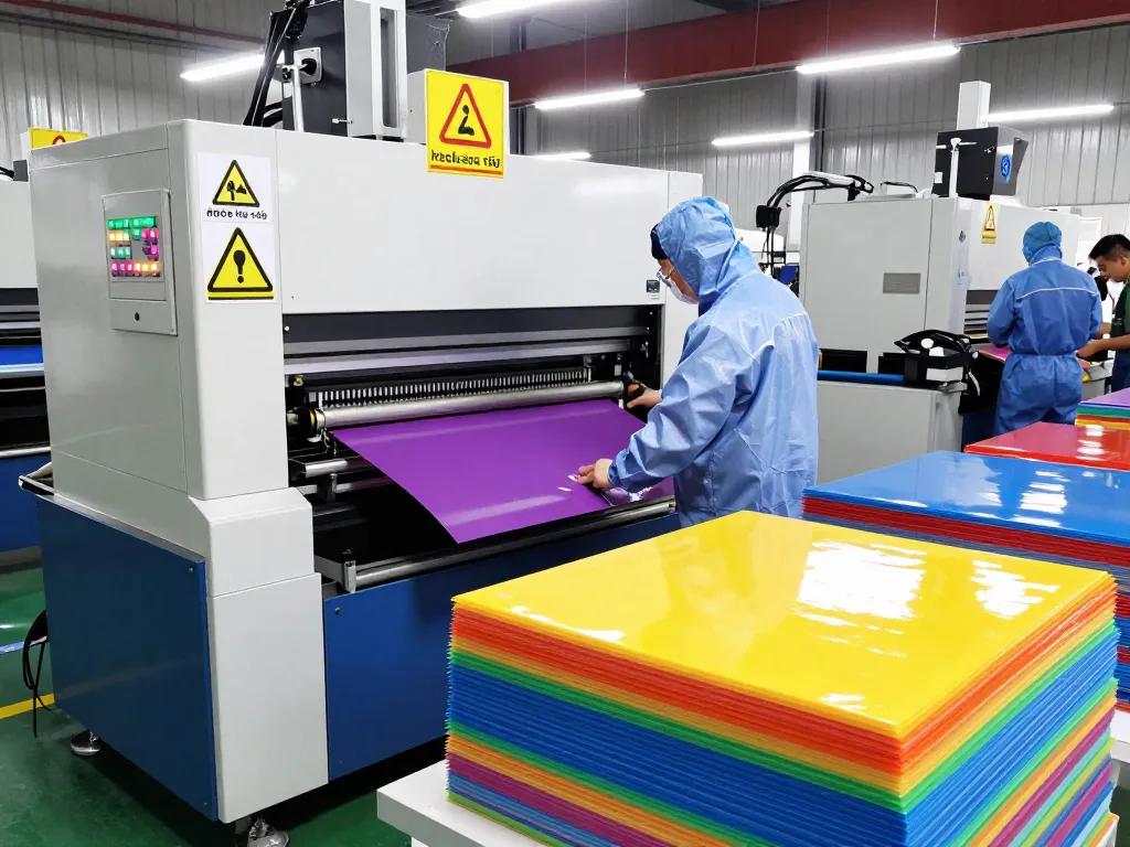 Technician performing bóc ép plastic sơn tây with machinery in a vibrant industrial environment.